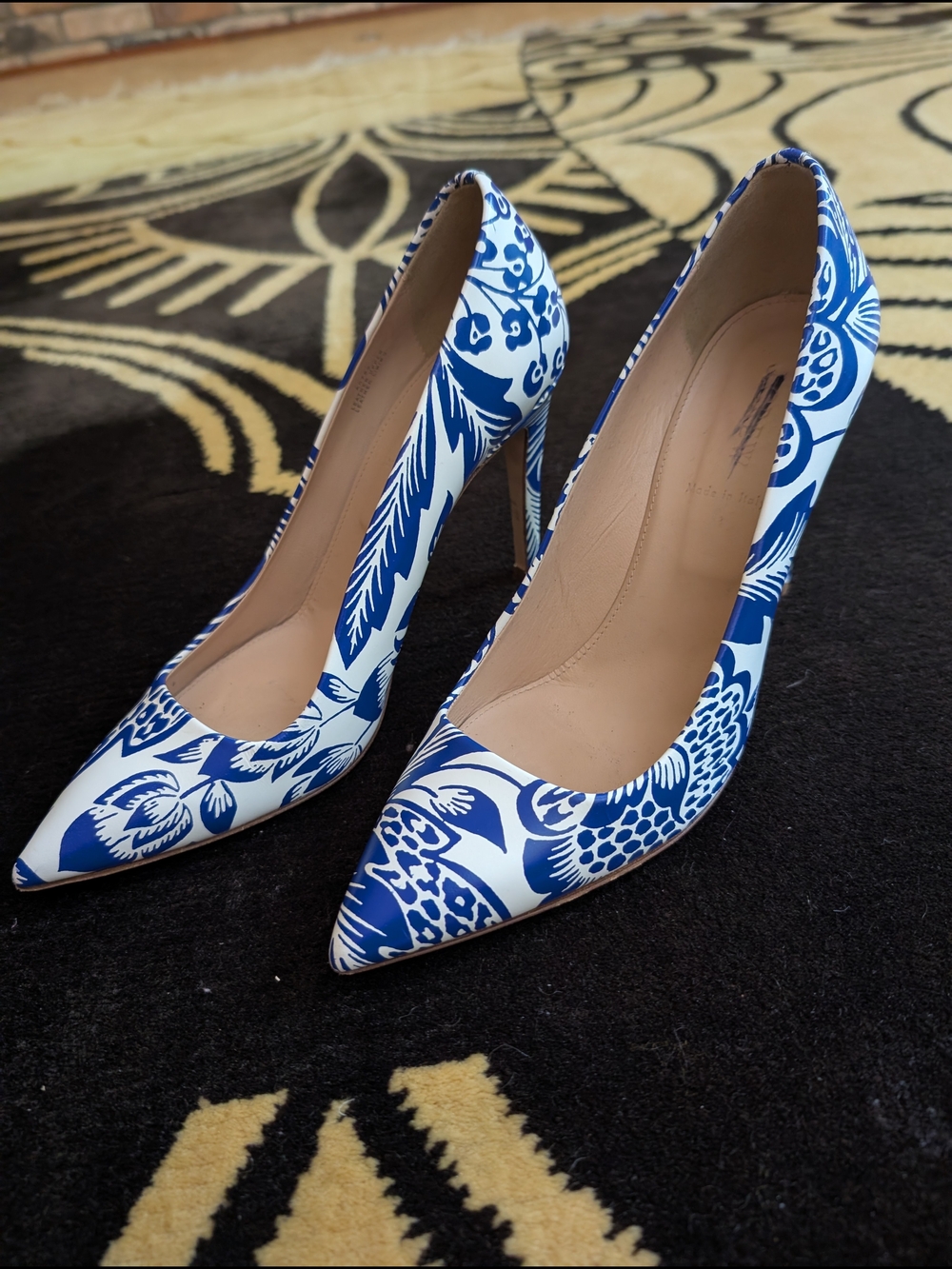 J. Crew Blue and White Floral Pointed-Toe Leather Pumps